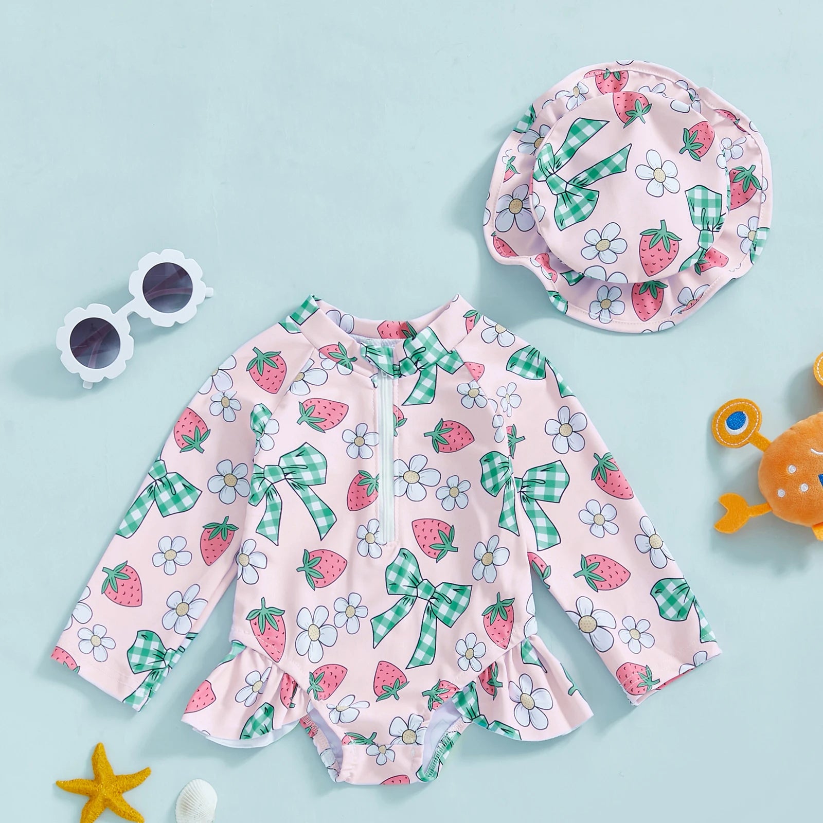 Summer Baby Girls Beacwear Princess Toddler Infant Rash Guard Swimsuits with Hat Floral Print Zip Up Children Girls Swimwears