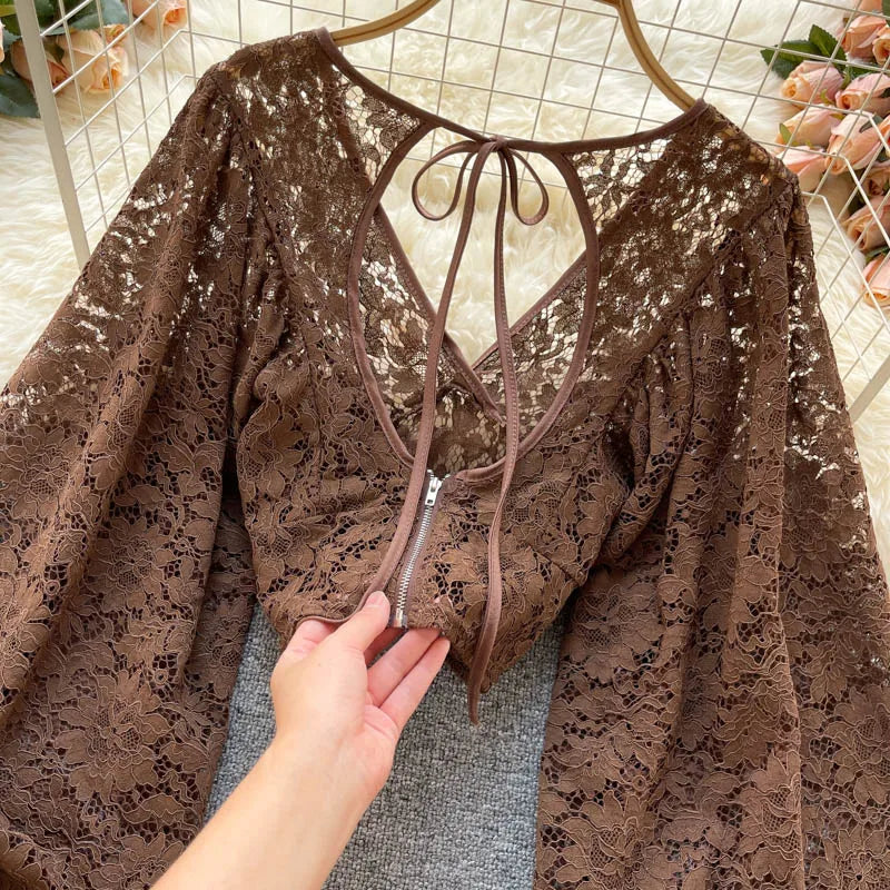 Frenchic Sexy Blusas Mujer Crochet Lace Sheer Women Tops V-neck Lantern Sleeve Backless Lace-up Ladies Elegant Blouse