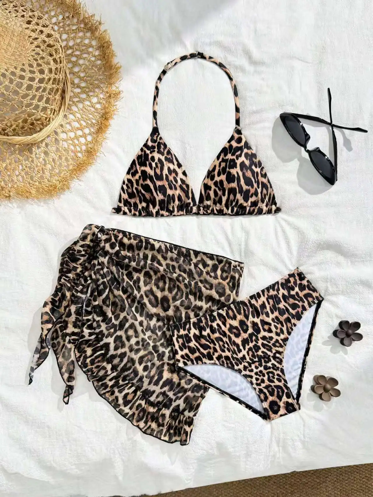 2026 Leopard Girls Swimsuit 3 Pieces Halter Triangle Bikinis Kids Swimwear Female Children's Bathing Swimming Swim Suit 8Y-12Y
