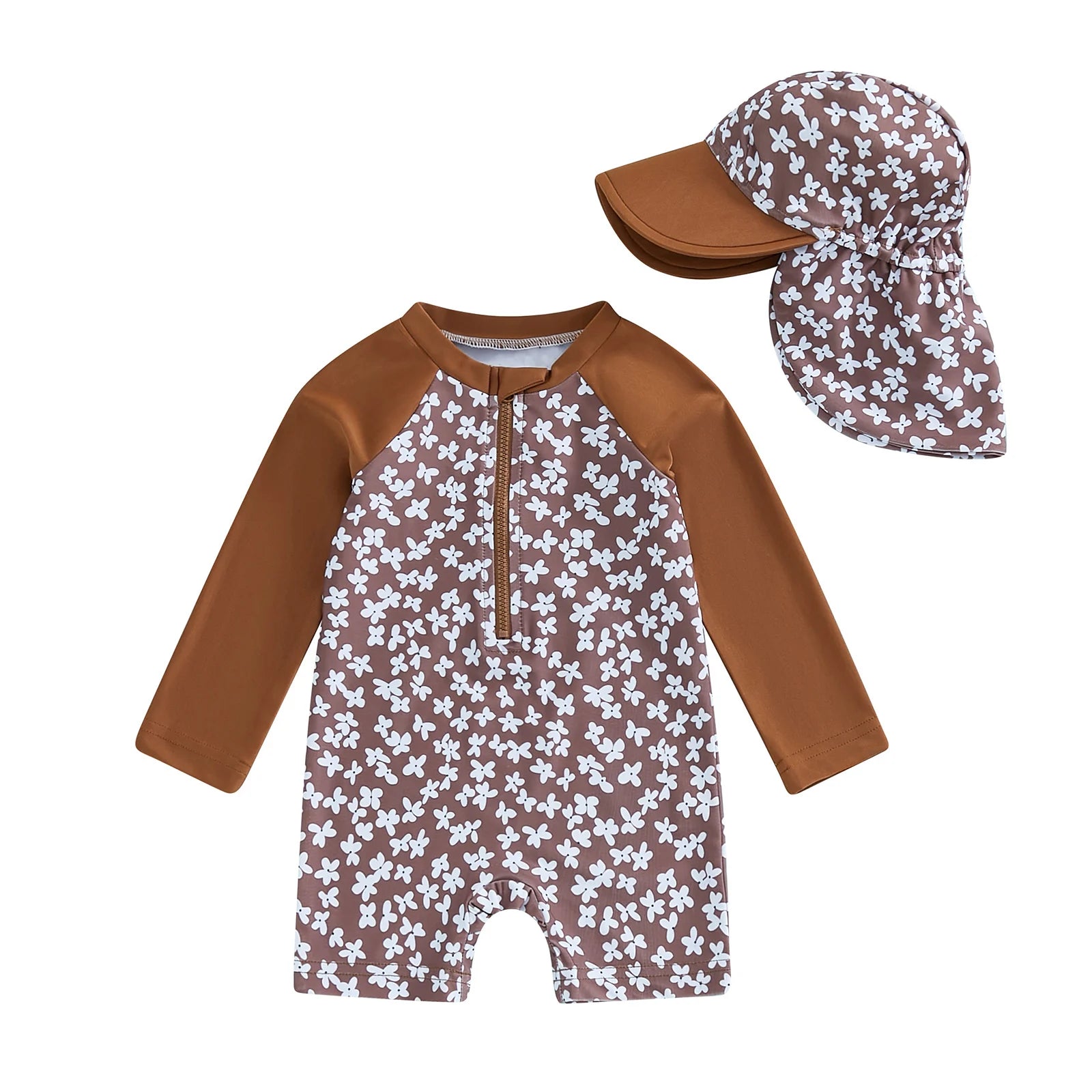Tregren Toddler Girl Long Sleeve Swimsuit Floral/Flamingo Print Half Zipper Rash Guard Swimwear with Sun Hat Infant Beachwear