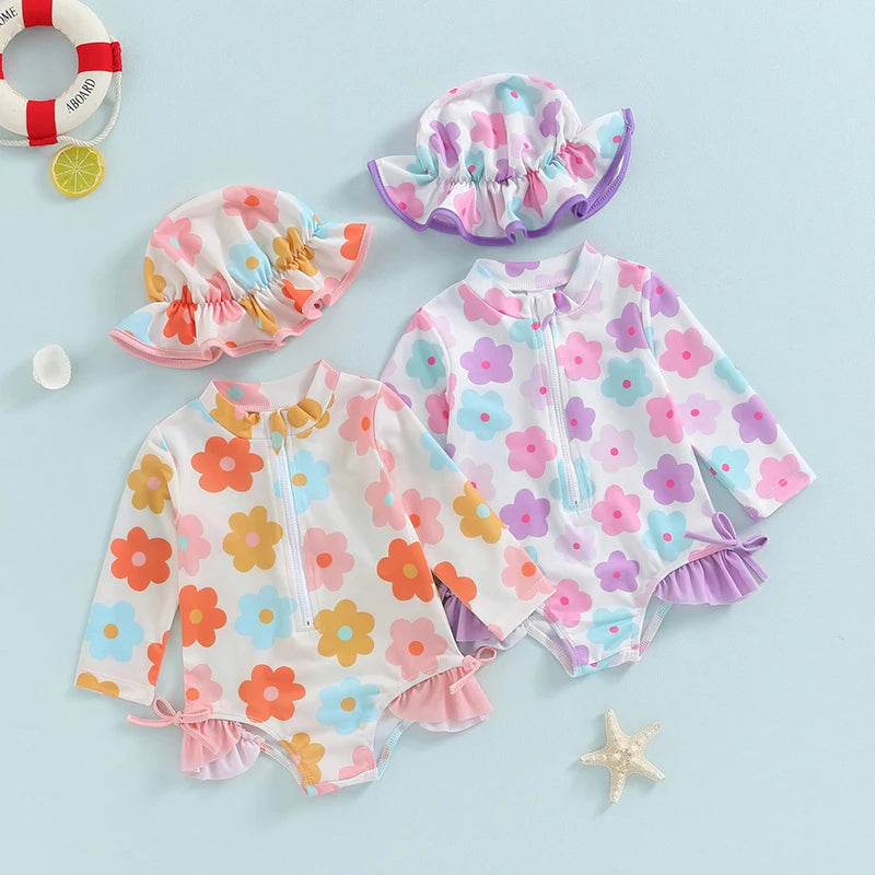 FOCUSNORM 0-24M Summer Baby Girls Rash Guard Swimsuits Long Sleeve Floral Print Zipper Swimwear and Sun Hat
