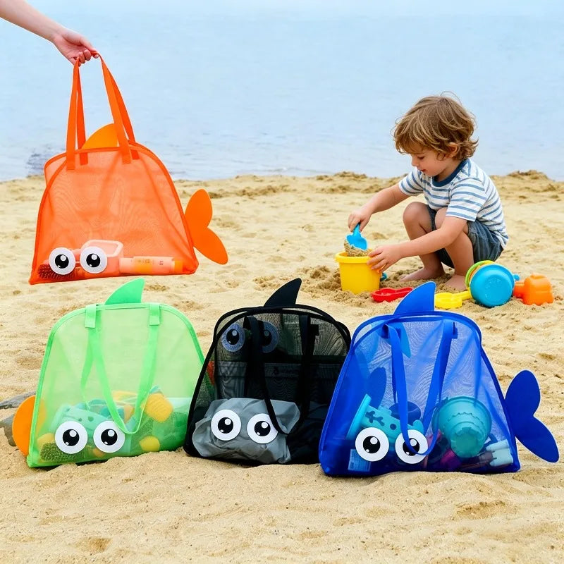 Cartoon Kids Mesh Beach Bag Large Capacity Foldable Sand Toy Storage Tote Lightweight Swim Pool Bag for Gym Travel Camping