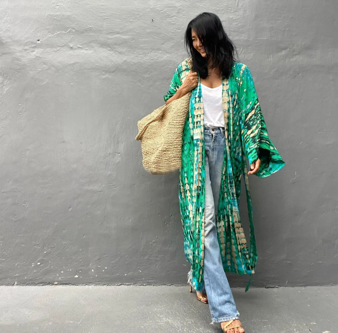 Women's Boho Stripe Tie Dye Swimsuit Cover Up with Belt Tunic Sarong Cardigan Dress Bikini Cover-ups Beach Wear Kimono