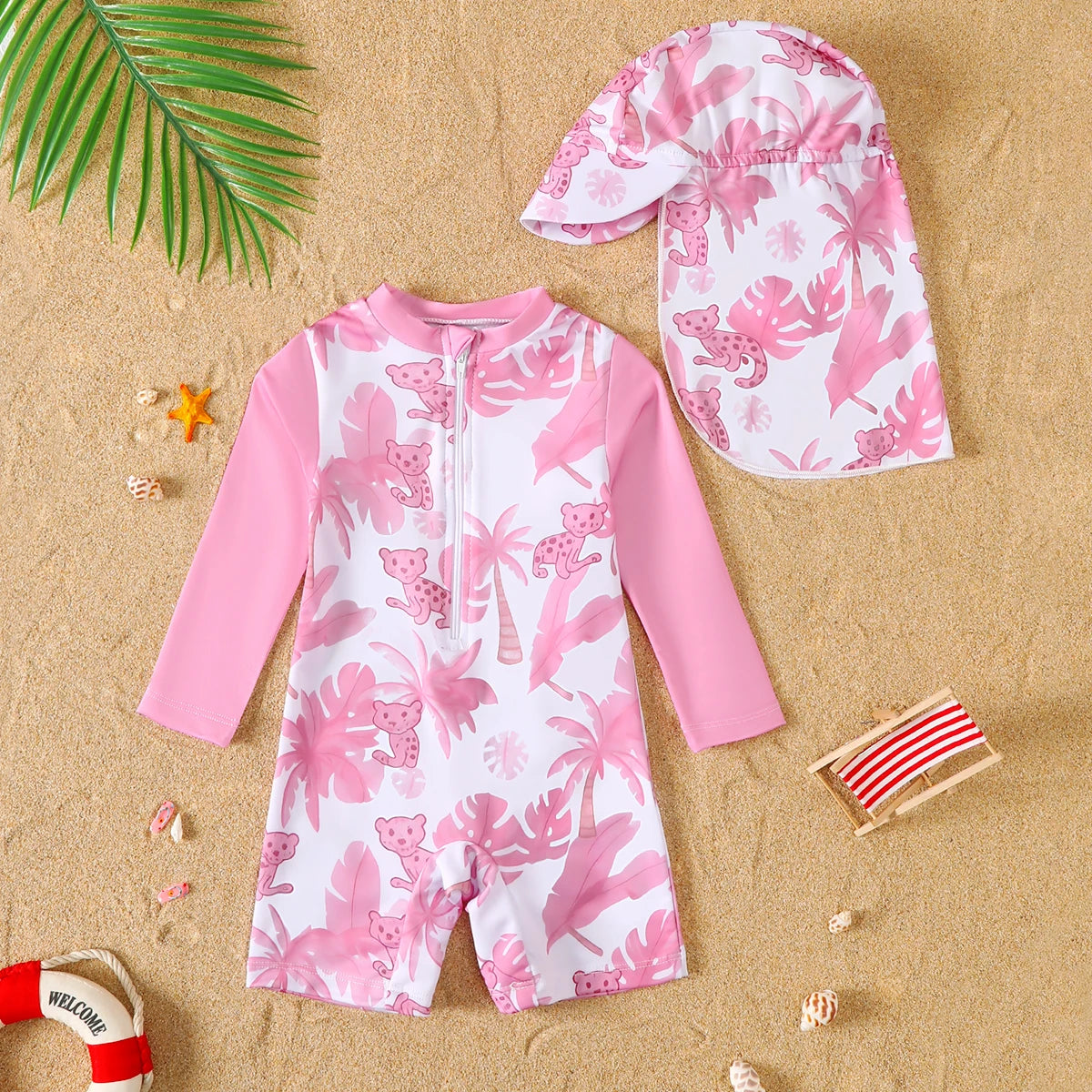 Baby Girl Summer Pink Print Long Sleeve Swimsuit with Hat Infant Swimwear Protection And Comfort