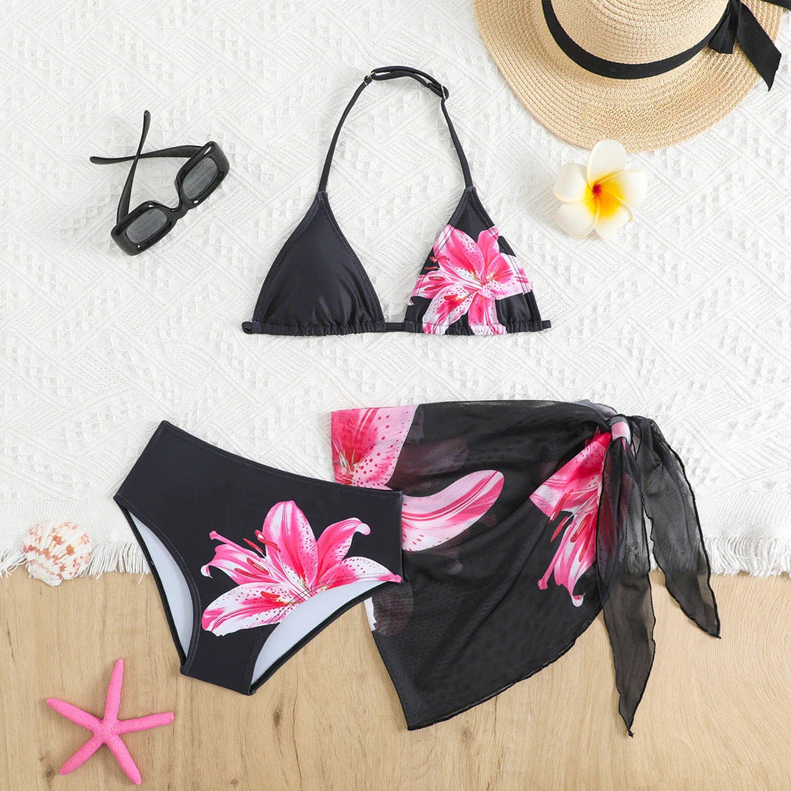 3 Piece Set Bikinis Sets Girls Cute Triangle Swimsuit With Beach Cover Up Bathing Suit Summer Fashion Printed Swimsuits For Girl