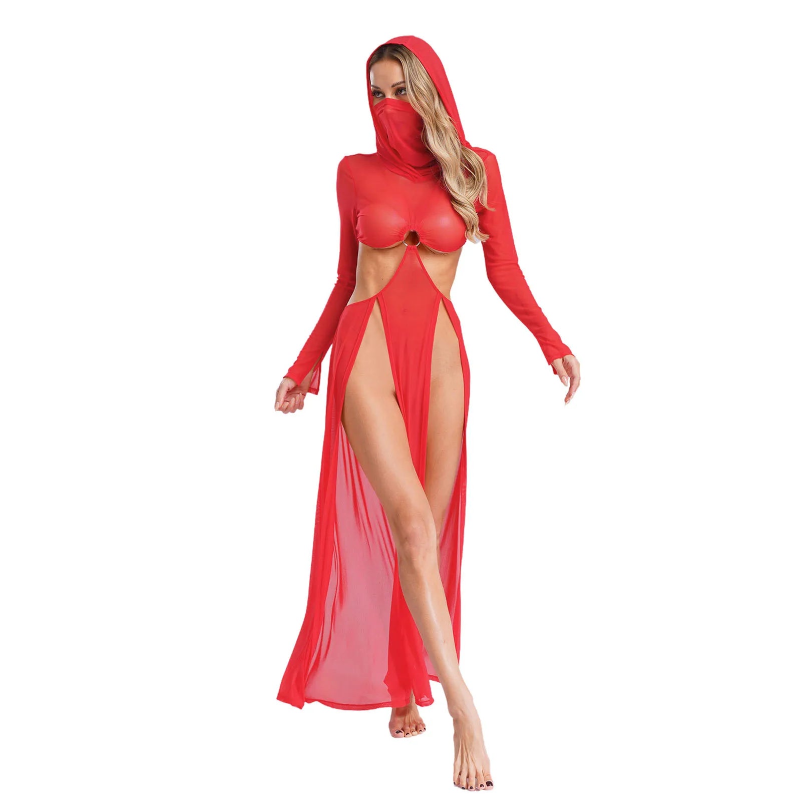 Women Sheer Dress with Hooded Face Mask Maxi High Slit Sexy Mesh Dress Long Sleeves Hollow Out Sheer Dress Cover Up Swimwear