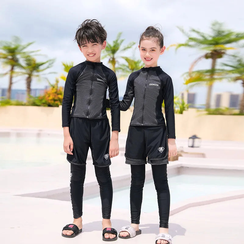 Girls Youth Long Sleeve Swimsuit Four Piece Rash Guard Bathing Suit Zip Tops Long Pants Swimwear Kids Bathing Suit Athletic
