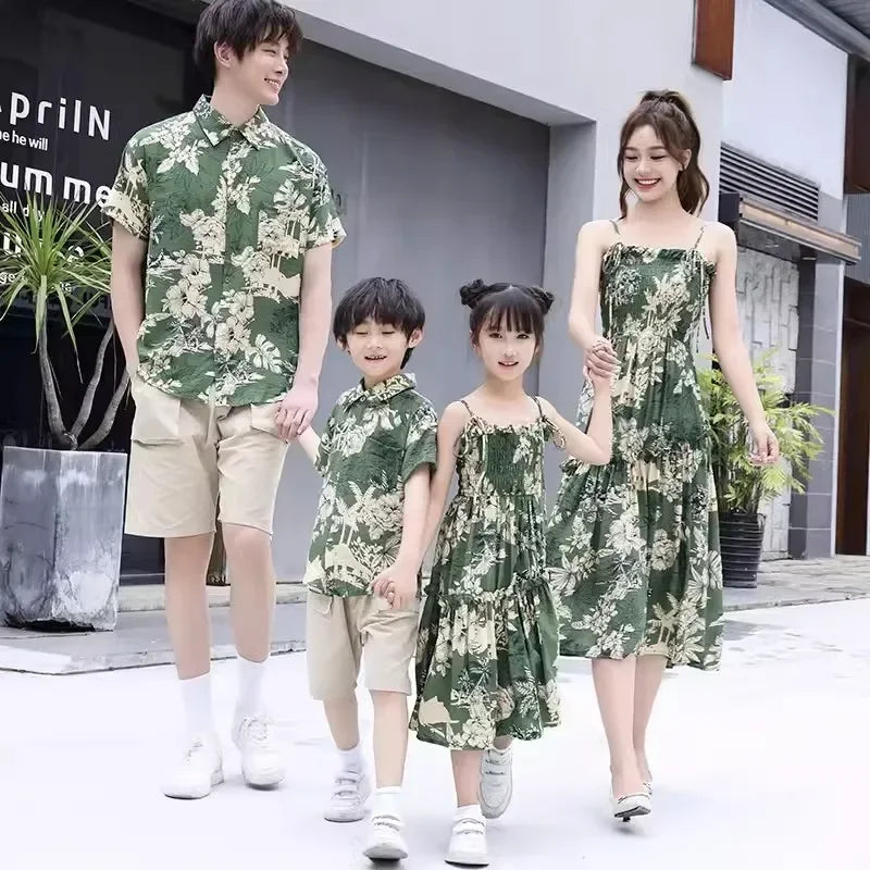 Holiday Family Matching Beach Clothes Couple Vacation Look Mom  Dress Resort Dad Son Print Shirts Outfits Daughter Smock Green