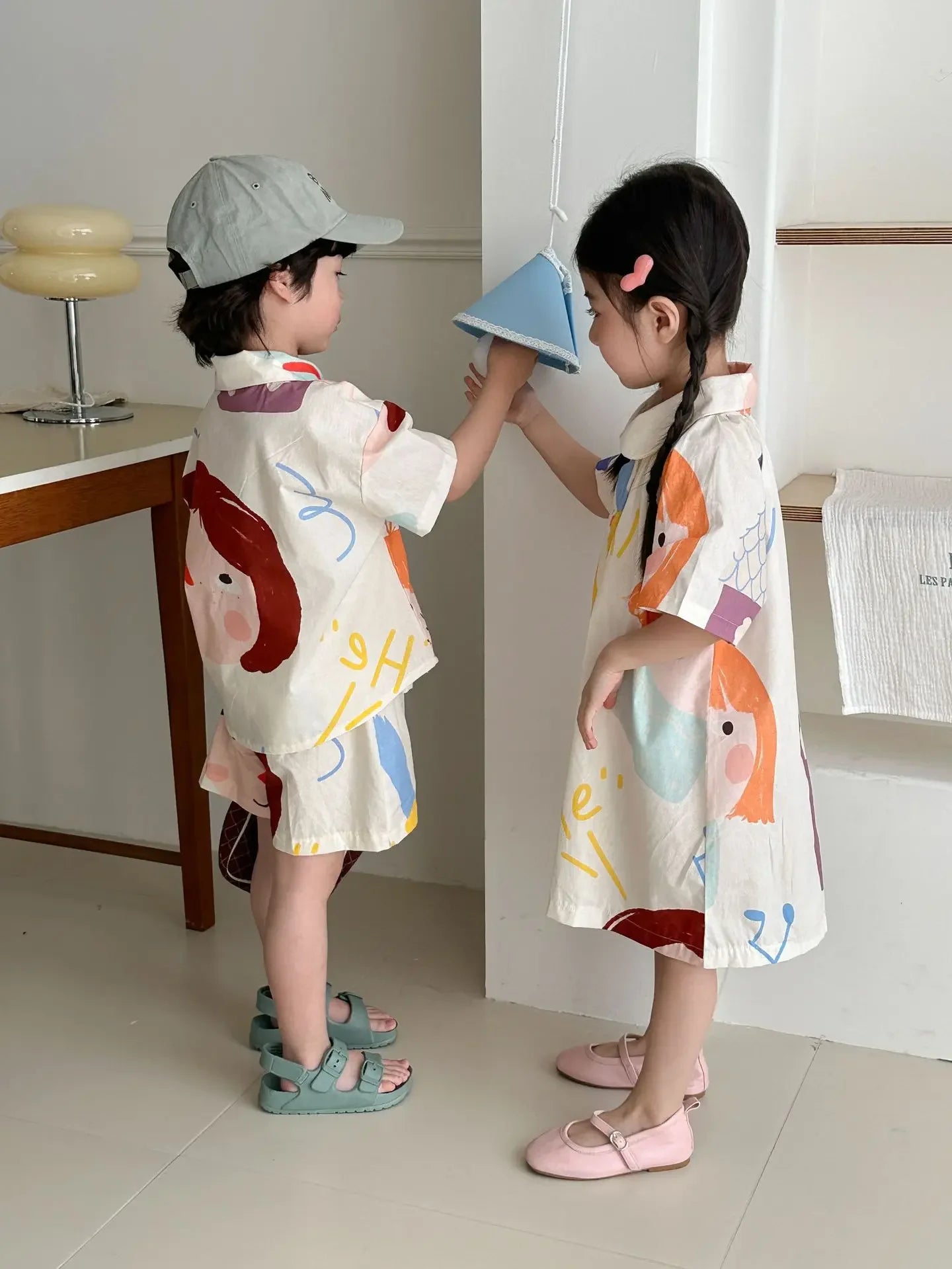 Kids Set Brother And Sister Clothes 2025 Summer New Boy's Two Piece Suit Or Short Sleeve Girl's Graffiti Dress Cartoon Clothes