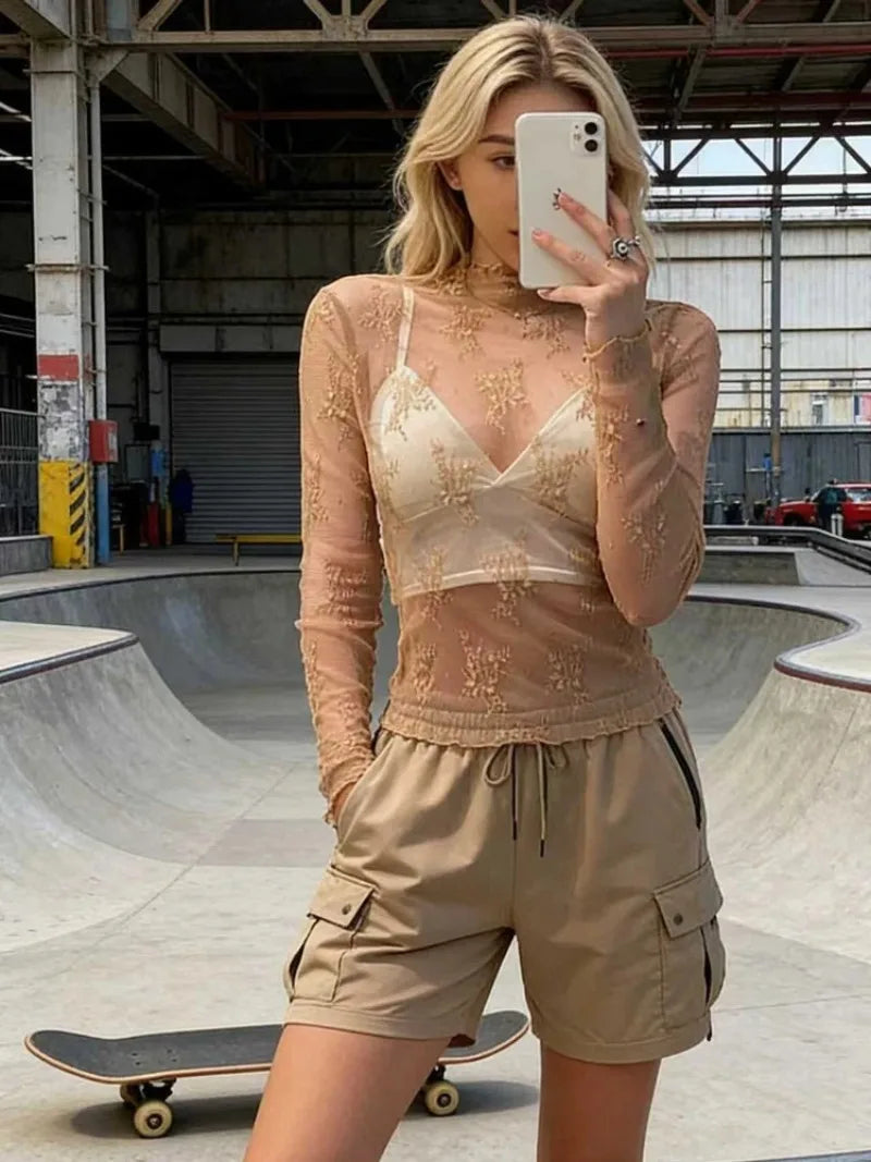 New Women Floral Lace Shirt Spring Autumn Long Sleeve Sexy Mesh Bottoming Shirts Mock Neck Blouse T-Shirt Pullover Top