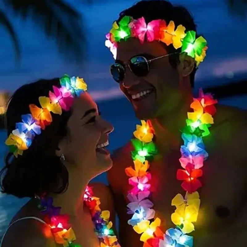 Light up Hawaiian Leis Tropical LED Glow Necklaces Headbands Luau Party Artificial Rainbow Lei Carnival Beach Wedding Masquerade