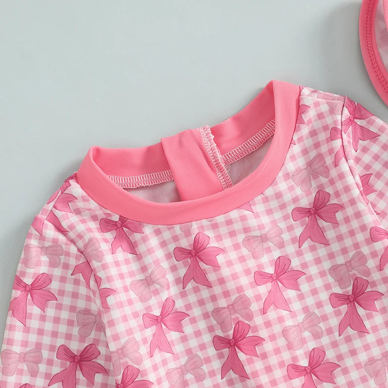 1-4T Children Baby Girl Rash Guard Swimsuit Long Sleeve Bow Plaid Print Bathing Suit Infant Swimwear with Sun Hat