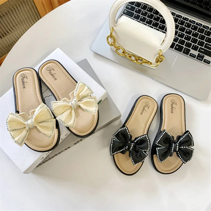 2026 New Bow Flats Open Toe Slide Sandals Non-slip Flip Flops Children Home Slippers Kids Girls Summer Cute Beach Slippers Shoe