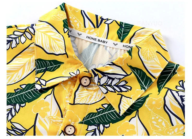 Summer Children Beach Shirt Set Boys Girls Baby Loose Printed Shirts Fashion Vacation Style Kid Short Sleeve+short Pants Outfits
