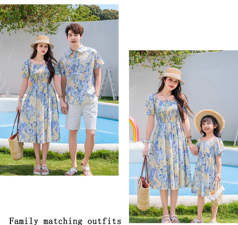 Vacation Couple Family Matching Outfit Dad Son Beach Shirts Mom Daughter Smock Dress Korean Parent-child Sister Brother Clothes