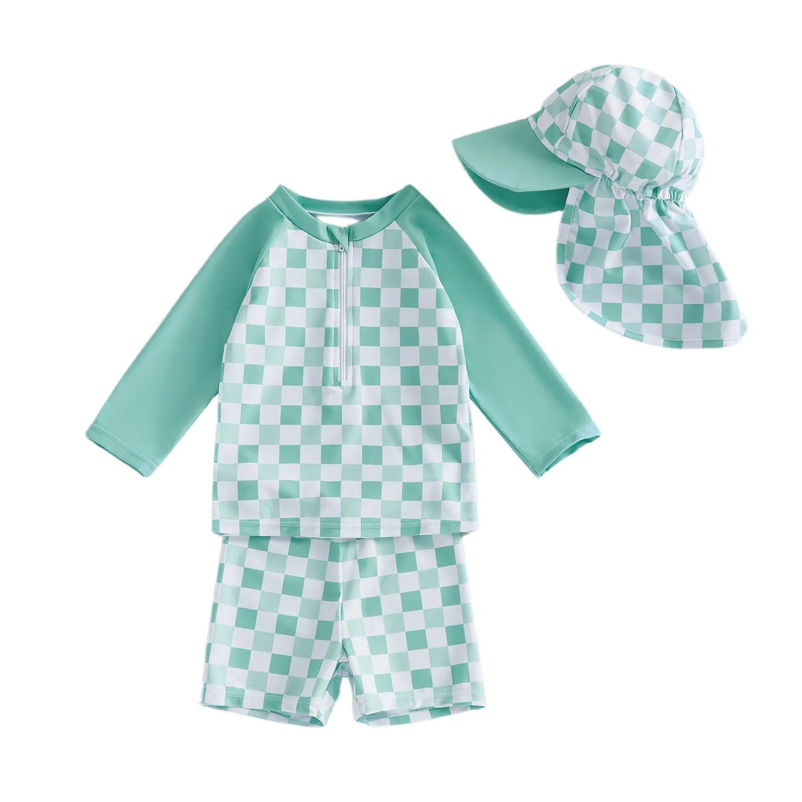 1-4T Toddler Boy Swimsuit Set Checkered Long Sleeve Rash Guard Swim Tops Swim Shorts and Sun Hat 3 Piece Outfit