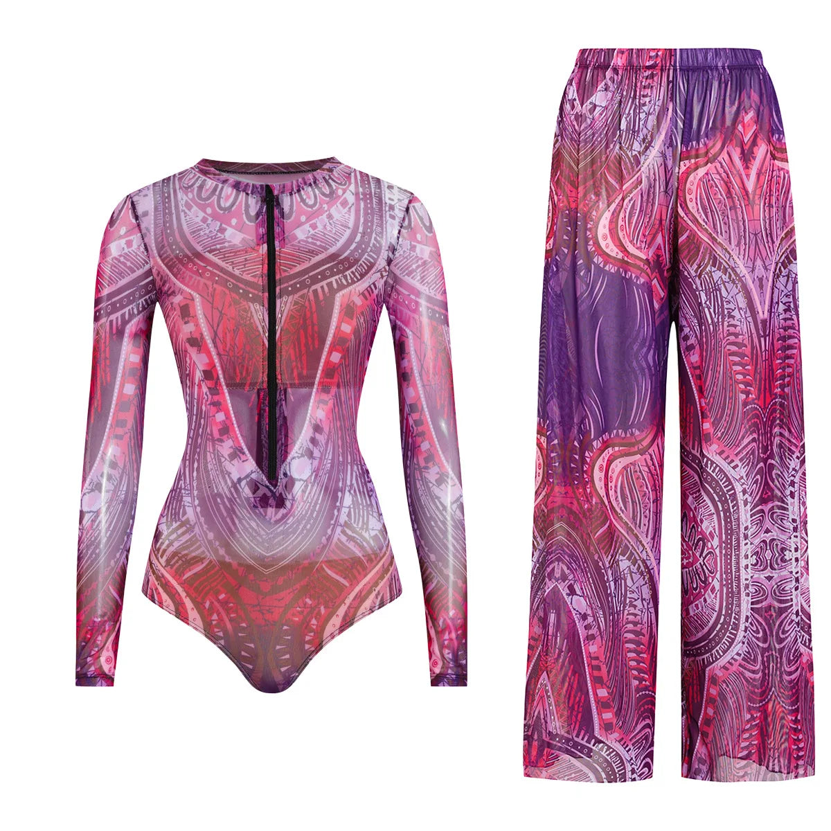 Women's Long Sleeve Swimwear Sunscreen One Piece Swimsuit High Elastic Thickened Mesh Loose Pants SPF35+ New Fitness Beachwear