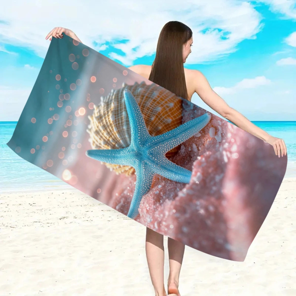 1pc Ocean element beach towel, suitable for outdoor sports, swimming, and fitness center multifunctional beach towel