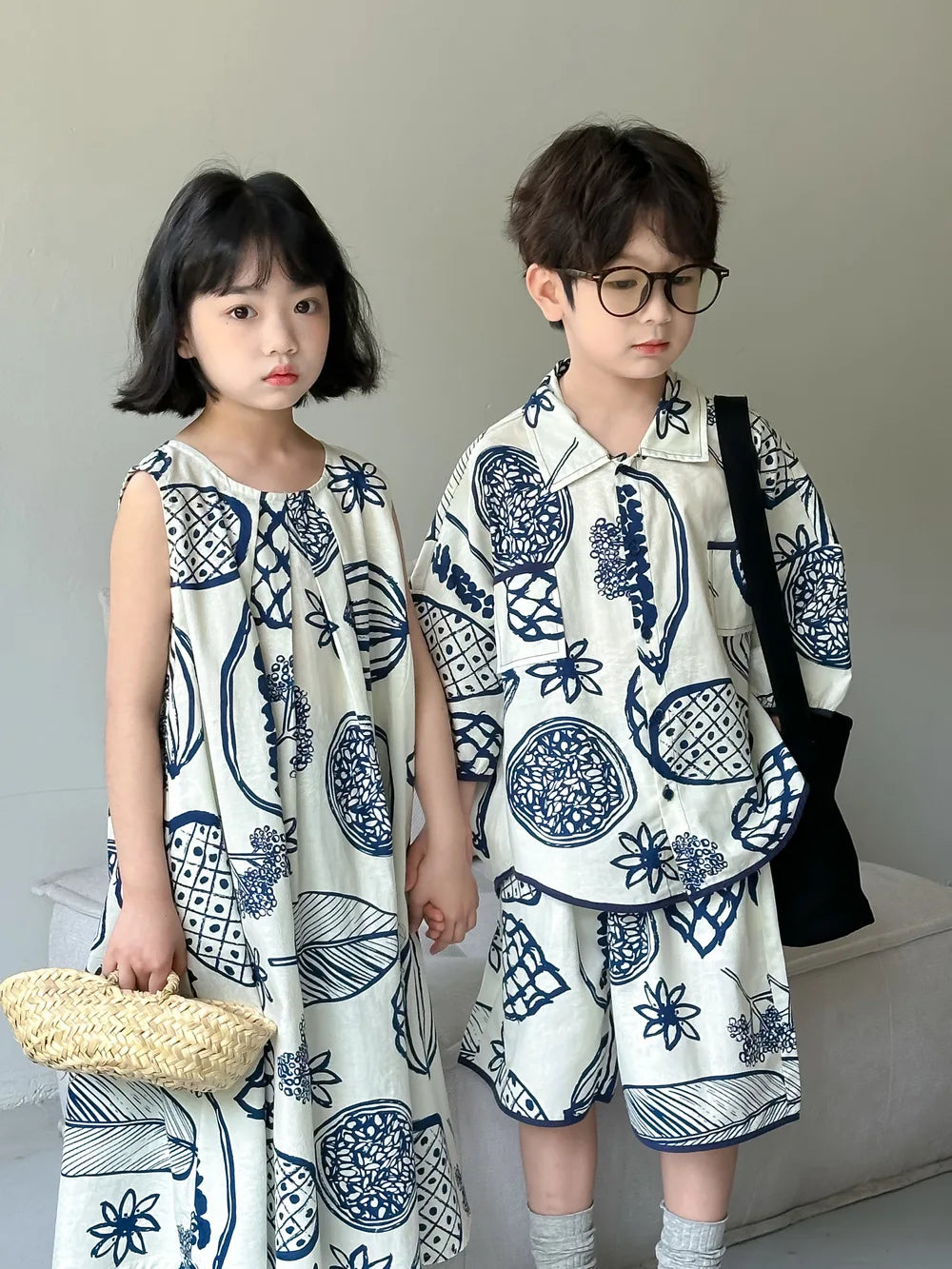 22386-1 Brother Sister Clothes  Boy's Summer Suit Girl's Dress Or Casual Short-sleeved Shirt+Shorts Two-piece Suit