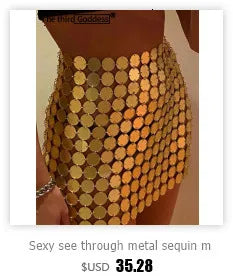 Sexy See Through Metal Sequin Maxi Skirt Women Summer Y2K Gothic Long Skirts for Woman Night Club Rave Outfit Beach Dress Sets H