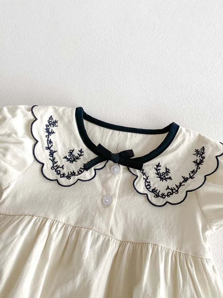 Baby Summer Embroidered Lapel Short Sleeve Triangle Jumpsuit Girl Baby Sweet Cute Jumpsuit with Bow for Summer Toddlers and Baby