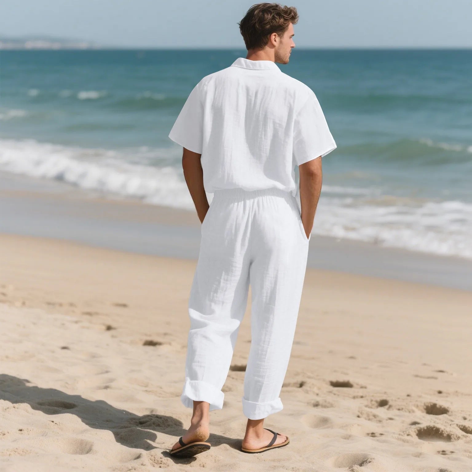 The 2025 Summer Beach Men's linen short-sleeved shirt set is a two-piece long pants set suitable fordaily casual beach vacations