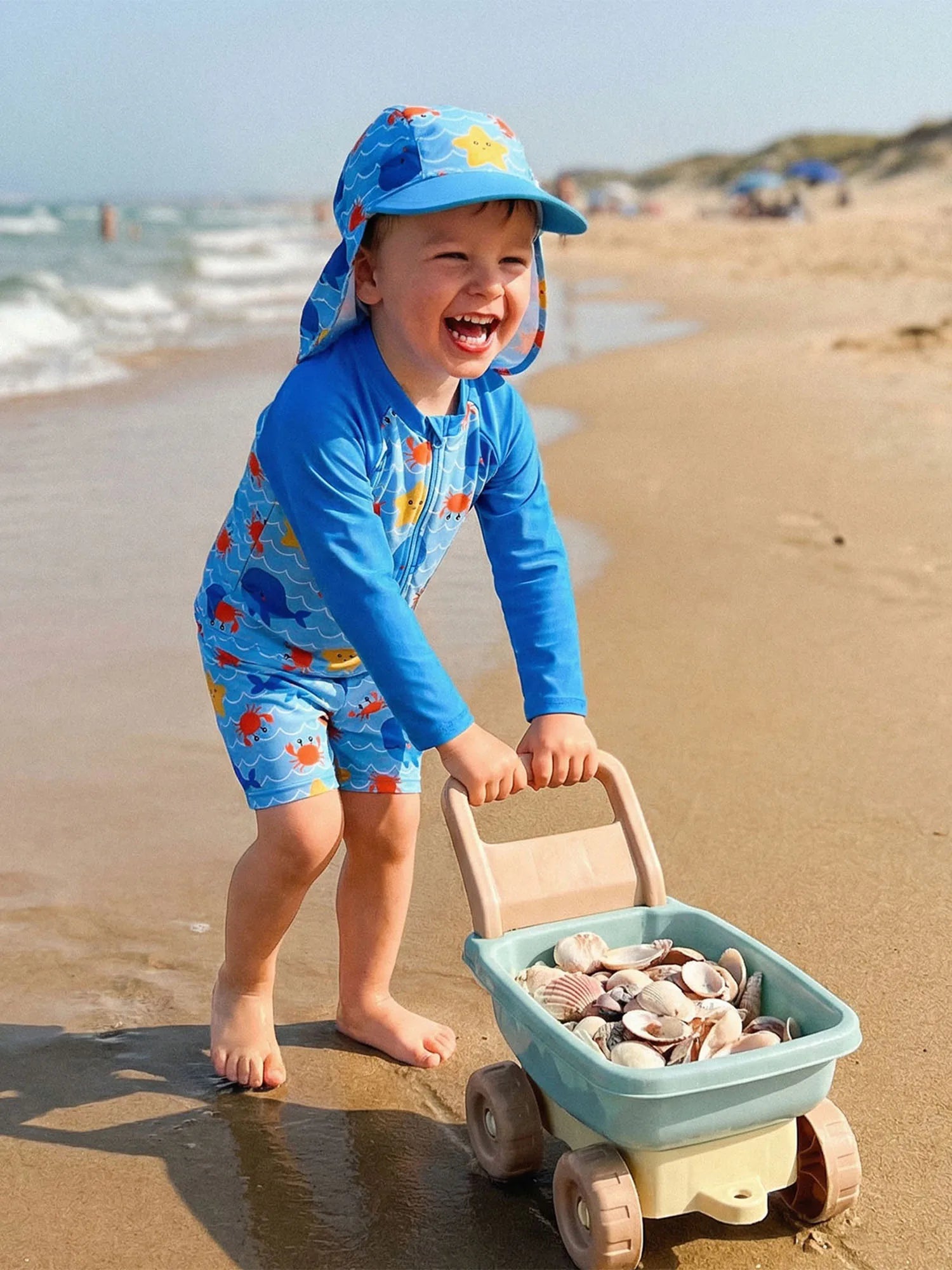 3Pcs Toddler Boy Swimsuit Set Long Sleeve Crew Neck Marine Animal Print Tops Swim Trunks and Hat Rash Guard Bathing Suit