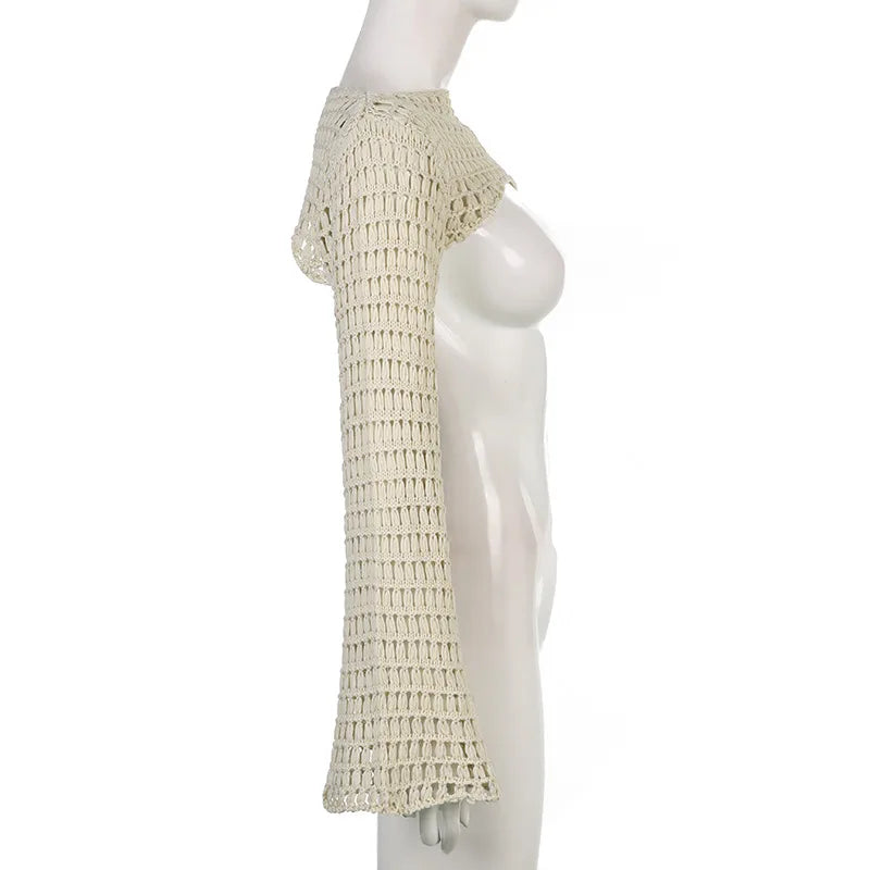 Long Sleeve Crochet Crop Top Summer Knit Hollow Out Mesh Cover Ups 2024 Women‘s Y2k Crochet Tops Pullover Streetwear