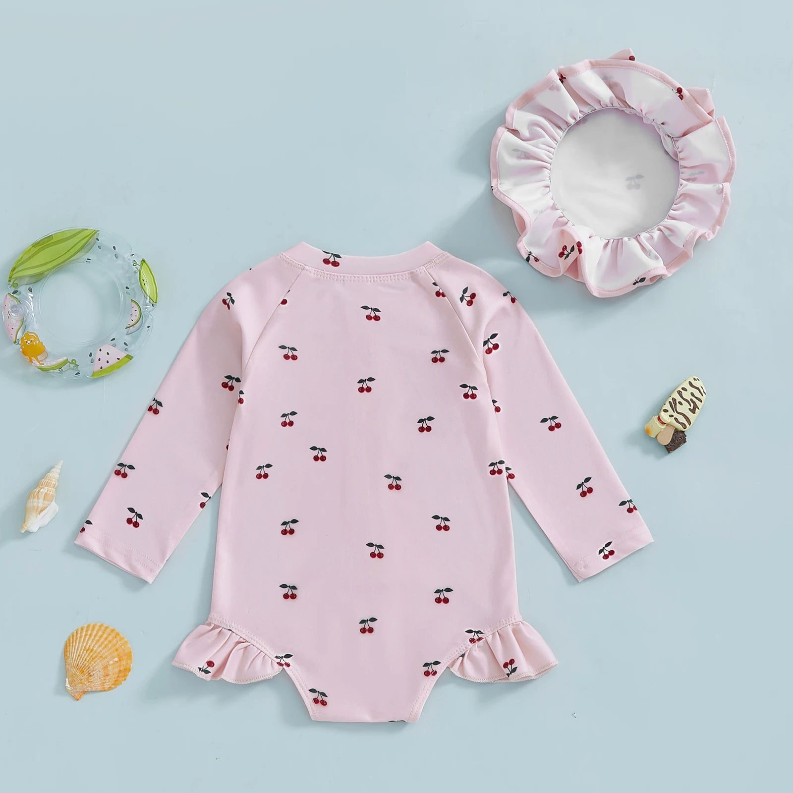 Toddler Baby Girl Rash Guard Swimsuit with Sun Hat 2 Piece Beachwear Children Long Sleeve Bow/Cherry Print Bathing Suit Swimwear