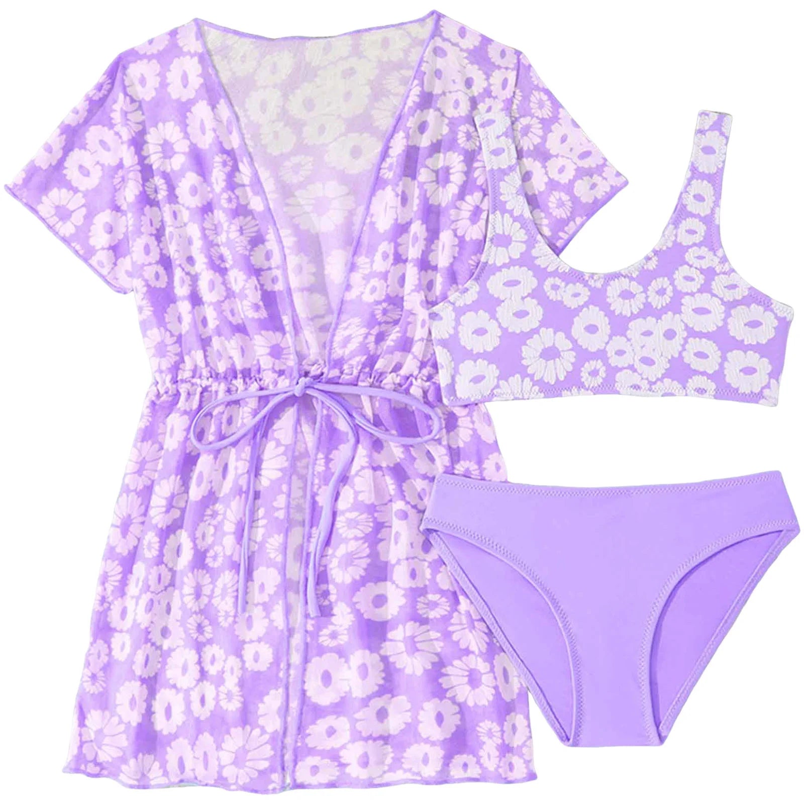 Girls 3 Pcs Swim Cover Up Sets Floral Bikini Crop Top With Brief Kimono Teens Bathing Suit Girls' Swimsuit Cover Up Wrap Scarf