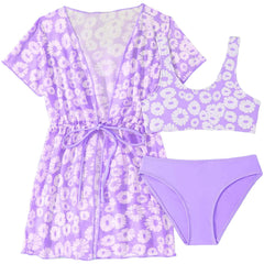 Girls 3 Pcs Swim Cover Up Sets Floral Bikini Crop Top With Brief Kimono Teens Bathing Suit Girls' Swimsuit Cover Up Wrap Scarf