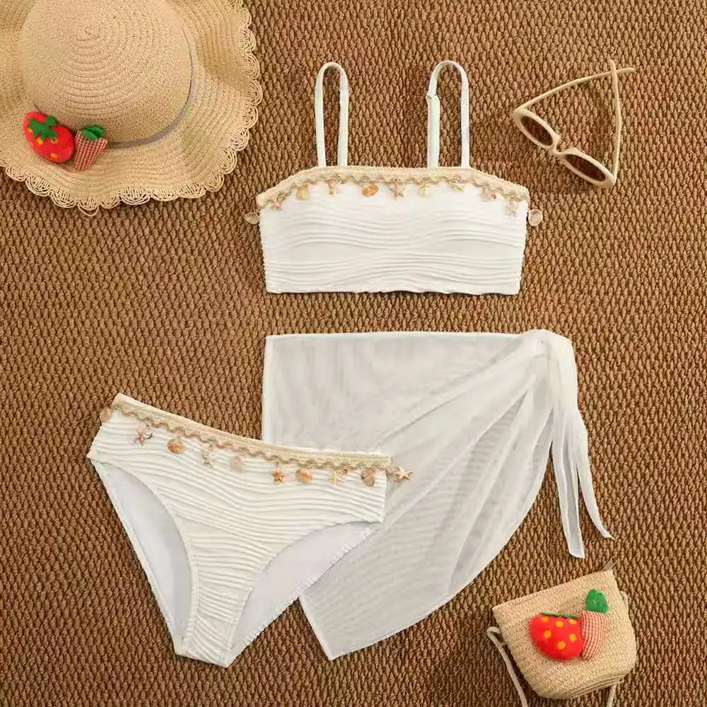 2026 Strappy Girls Swimsuit 3 Pieces Bikini & Skirt Bandeau Kids Swimwear Female Children's Bathers Bathing Swimming Swim Suit