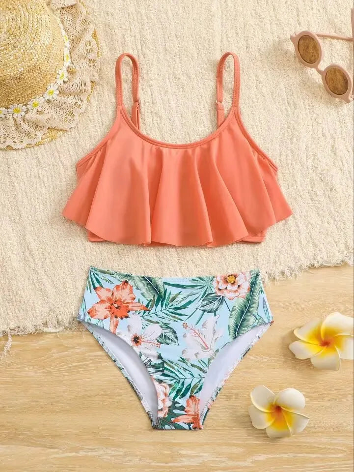7-12 Years Girls Kids High Waist Ruffle Swimwear Summer Beach Children Swimsuit Print Biquini Teens Bathing Suit Pink Bikini Set