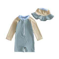 0-24M Newborn Baby Boy Rash Guard Swimsuits Contrast Color Stripes Print Long Sleeve Zip Up Bathing Suit with Sun Cap