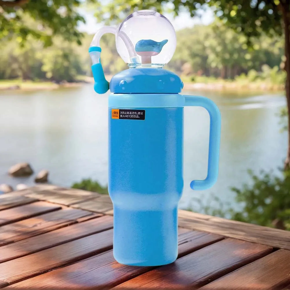 710ML Stainless Steel Whale Fountain Tumbler with Handle Leak Proof Whale Squirt Drinking Cup Water Bottle with Straw Creative G