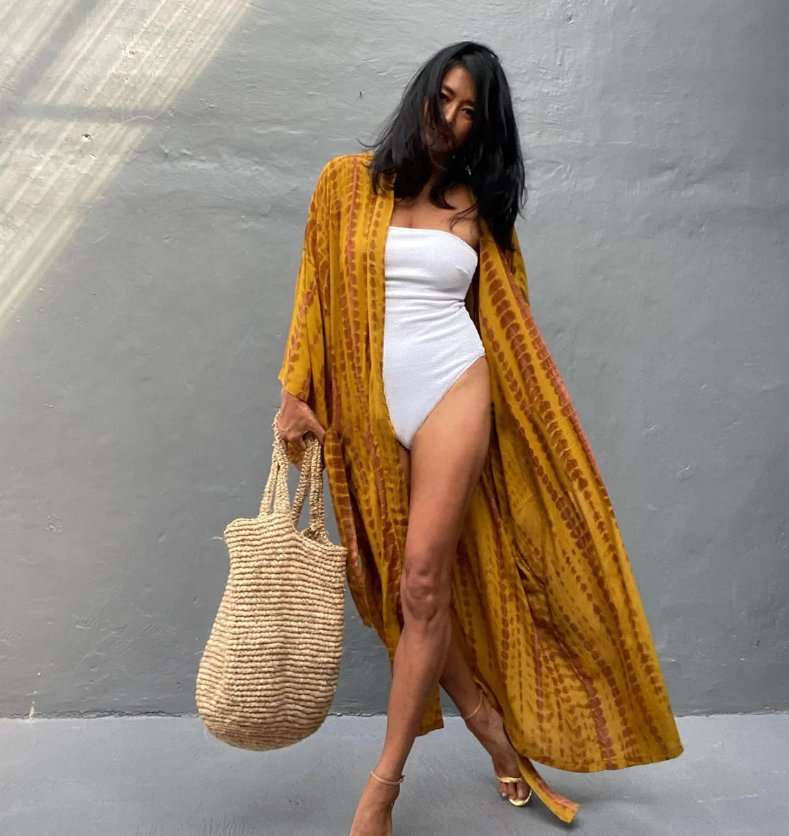 Women's Boho Stripe Tie Dye Swimsuit Cover Up with Belt Tunic Sarong Cardigan Dress Bikini Cover-ups Beach Wear Kimono