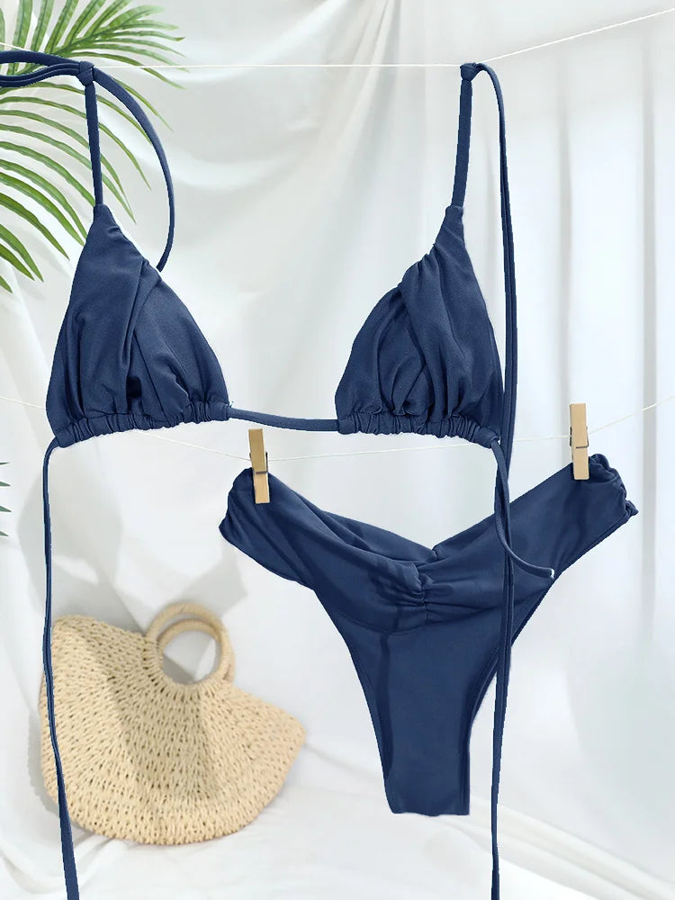 Sexy Folds Bikini Set Solid Micro Bikinis Women Swimsuit Female Triangle Swimwear Beach Wear Bathing Suit