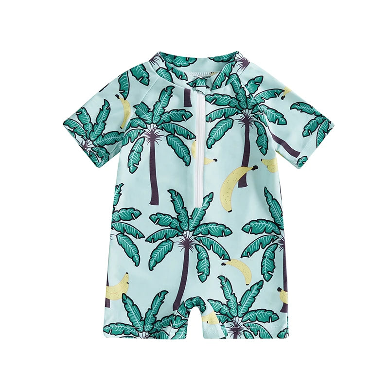 Toddler Boy Girl Rash Guard Swimsuit Coconut Tree Print Short Sleeve Mock Neck Zip Bathing Suit