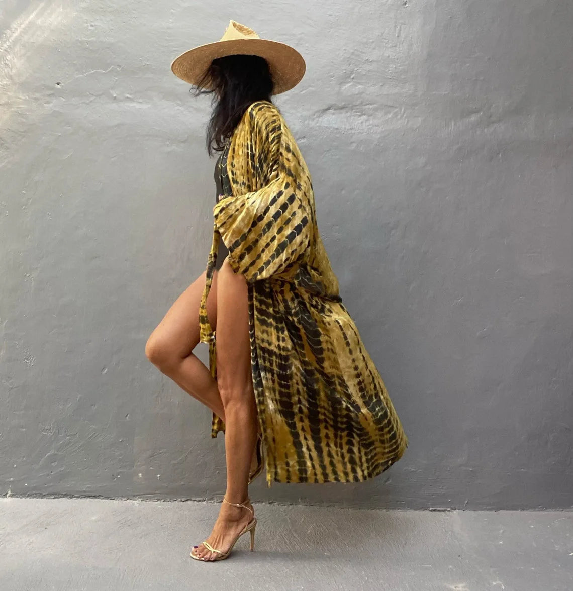 Women's Boho Stripe Tie Dye Swimsuit Cover Up with Belt Tunic Sarong Cardigan Dress Bikini Cover-ups Beach Wear Kimono