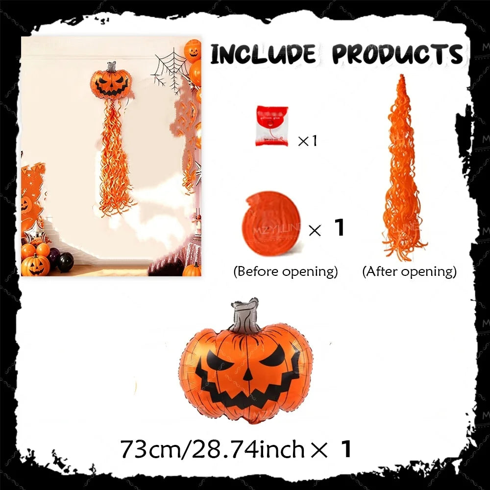 7 Pieces--Halloween Decoration Supplies, Scary Pumpkin Balloons and Spiral Tassel Rain Curtain Set, with Adhesive Dots, Suitable for Halloween Parties, Trick-Or-Treating, Birthday Parties, and Horror Celebration Backdrop Deco