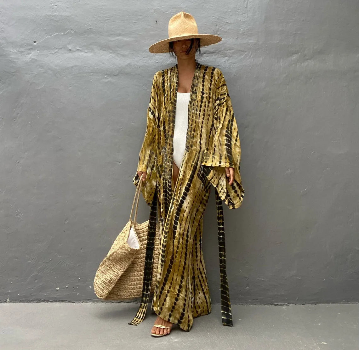 Women's Boho Stripe Tie Dye Swimsuit Cover Up with Belt Tunic Sarong Cardigan Dress Bikini Cover-ups Beach Wear Kimono
