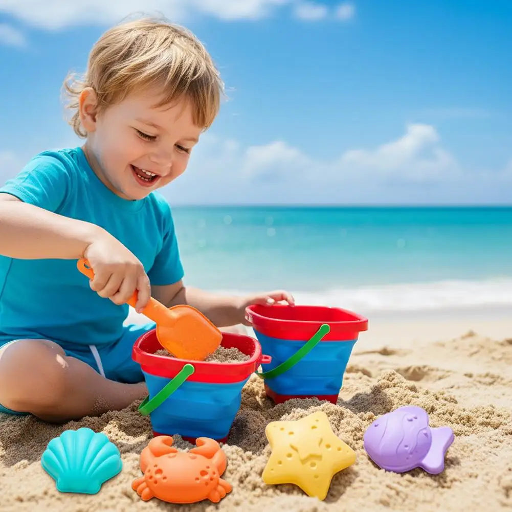 Foldable Beach Sand Toys Set Collapsible Bucket with Shovel & Molds for Sand, Snow & Water Play Portable Beach Toys for Toddlers