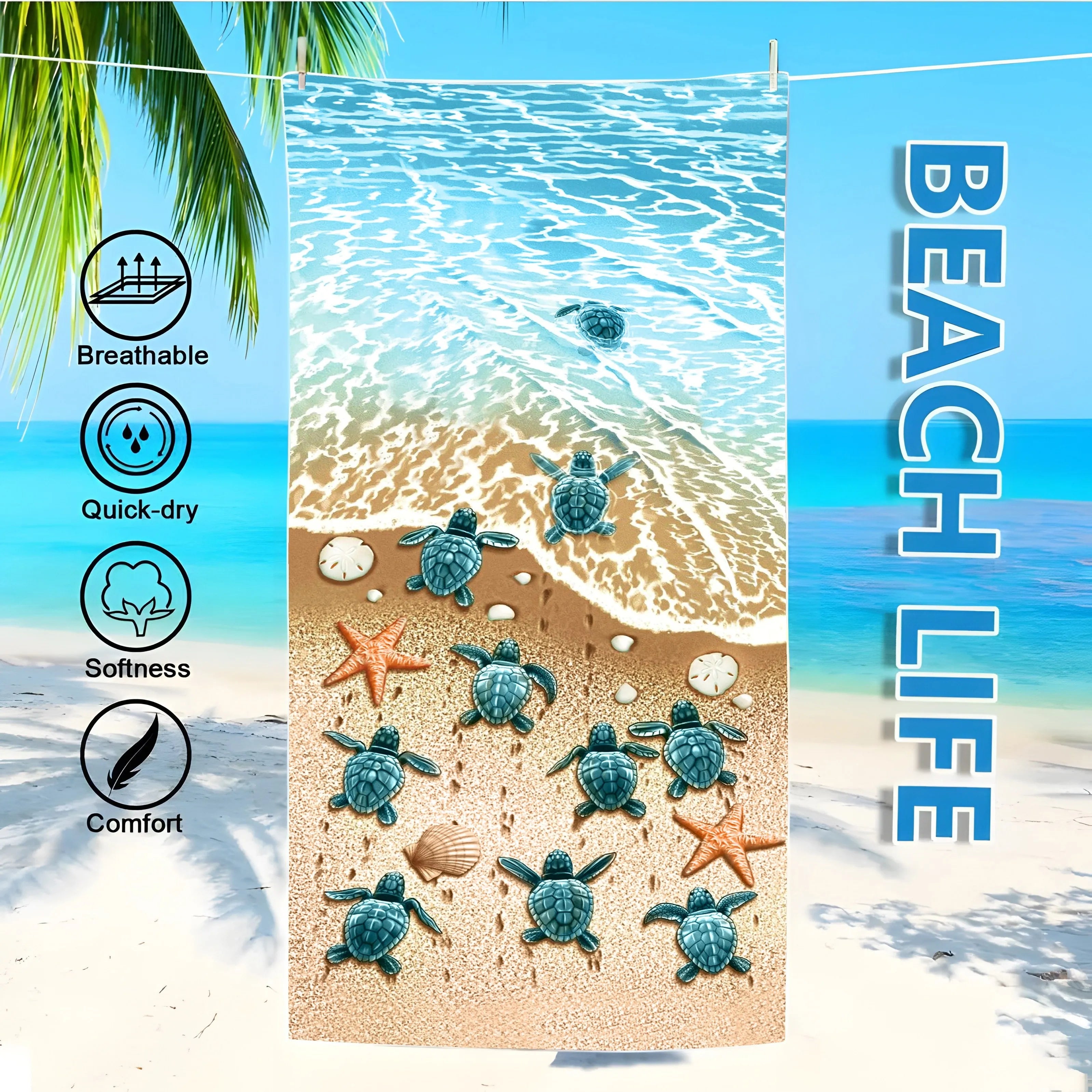1pc, Oversized Microfiber Beach Towel with Cute Sea Stars and Turtles Graphic Pattern - Lightweight and Modern