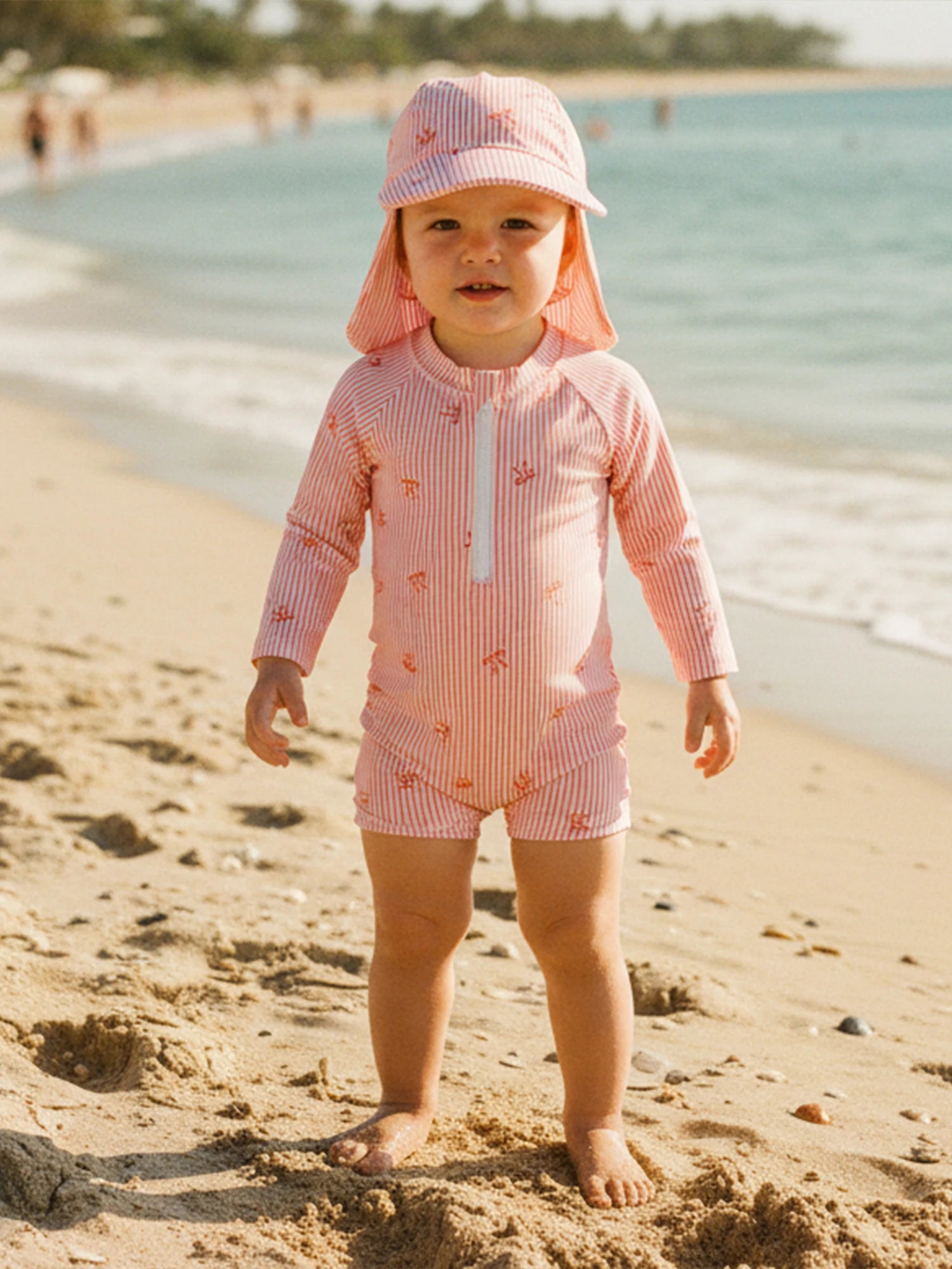 0-24M Newborn Baby Girl Rash Guard Swimsuit Cute Fashionable Striped Bow Printed Long Sleeve Swimwear with Hat