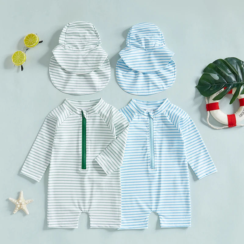 0-3T Toddler Boys Girls Rash Guard Swimsuit with Hat 2 Pcs Set Striped Pattern Zip Up Long Sleeve Crew Neck Baby Swimwears