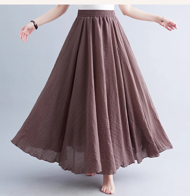 Boho Cotton Linen Beach Long Skirt Women Vintage Casual Solid A-line High Waist Dance Floor-Length Maxi Skirt Spring Summer New