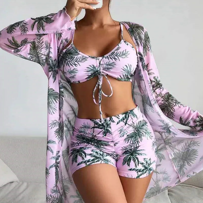 Summer Print Swimsuits Tankini Sets Female Swimwear Sports Beach Wear Three-Piece Bathing Suits Pool Women's Swimming Suit