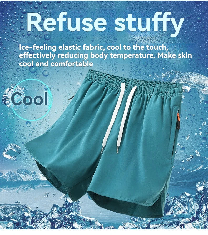 3/4 Sport Shorts Summer Men Casual Solid Ice Silk Light Sweat Absorb Quick Dry Running Fitness Outdoor Loose