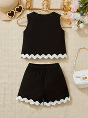 Ins Girls' Summer Outfit Set Young Girls' Vacation Style Solid Color Lace Vest Shorts Set