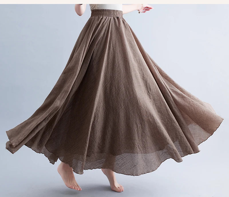 Boho Cotton Linen Beach Long Skirt Women Vintage Casual Solid A-line High Waist Dance Floor-Length Maxi Skirt Spring Summer New
